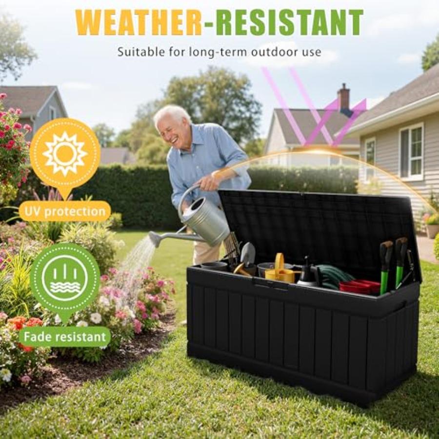 82 Gallon Outdoor Storage Box with Lid for Patio Furniture Garden Tools Pool Supplies Waterproof UV Resistant Lockable Black