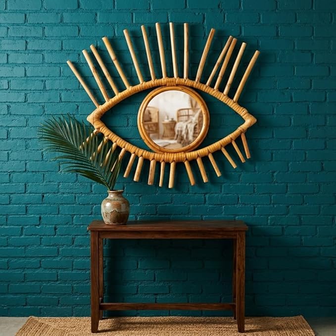 Handcrafted Eye Shape Rattan Wall Mirror | Boho Wall Mirror | Wooden Frame Wall Hanging for Living Room, Bedroom, Entryway 42 x 3 x 40 cm