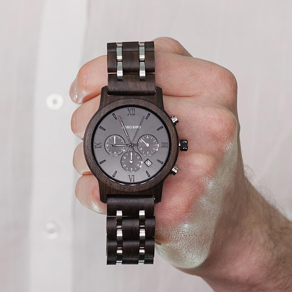 BOBO Bird Men's Wooden Watch with Luxury Wood and Metal Strap, Chronograph, Date Display, Quartz Movement, Versatile Men's Watch, Medium Size, Black