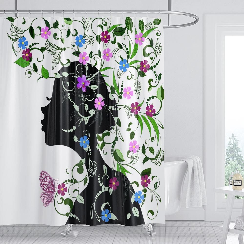 Beautiful Flower Butterfly Girl Shower Curtain Waterproof Shower Curtain Bathroom Partition Curtain Bathroom Decor Accessories