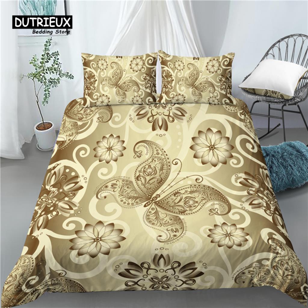 Home Living Luxury 3D Golden Butterfly Print 2/3Pcs Soft Duvet Cover PillowCase Bedding Sets Kids Queen and King EU/US/AU Size