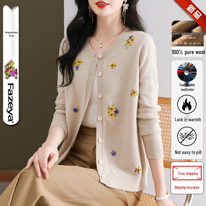 Women's Floral Embroidered Pure Wool Knit Cardigan Sweater