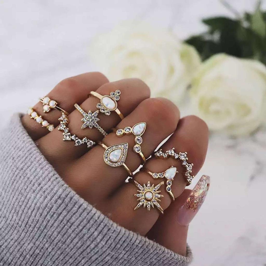 Women Boho Vintage Silver Color Big Stone Ring Set for Women Fashion Bohemian Jewelry 2019 New Hot