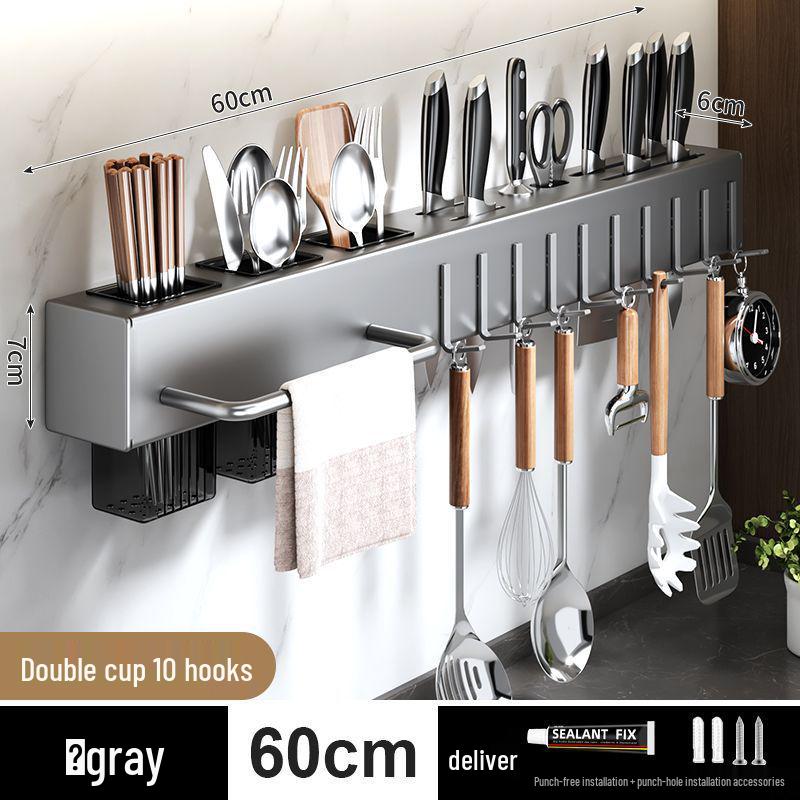 

Настенная кухонная полка для хранения без сверления: Прочный держатель для ножей и кухонной утвари с многофункциональным отделением для хранения палочек для еды