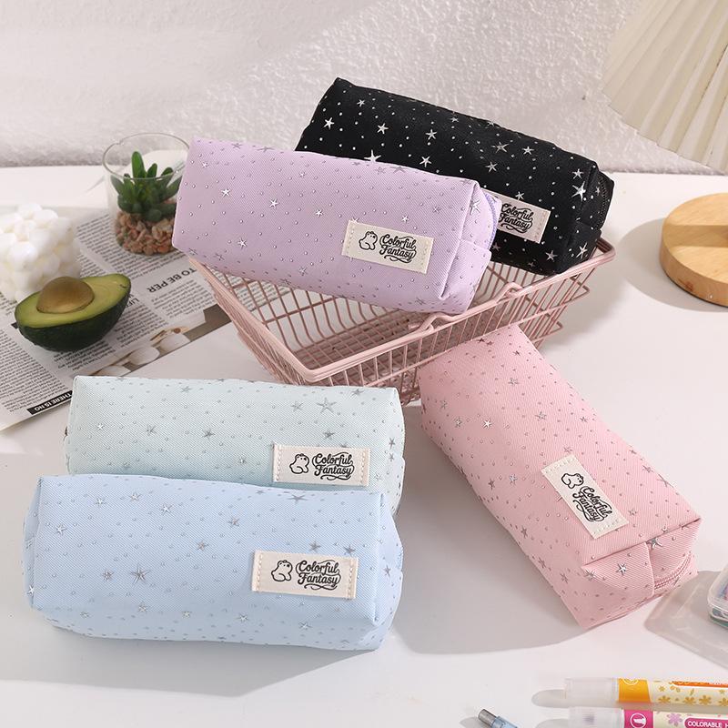 Star Dot Print Canvas Pencil Case Large Capacity Ins Aesthetic Portable Zipper Stationery Bag for Teen Girls Boys School Use