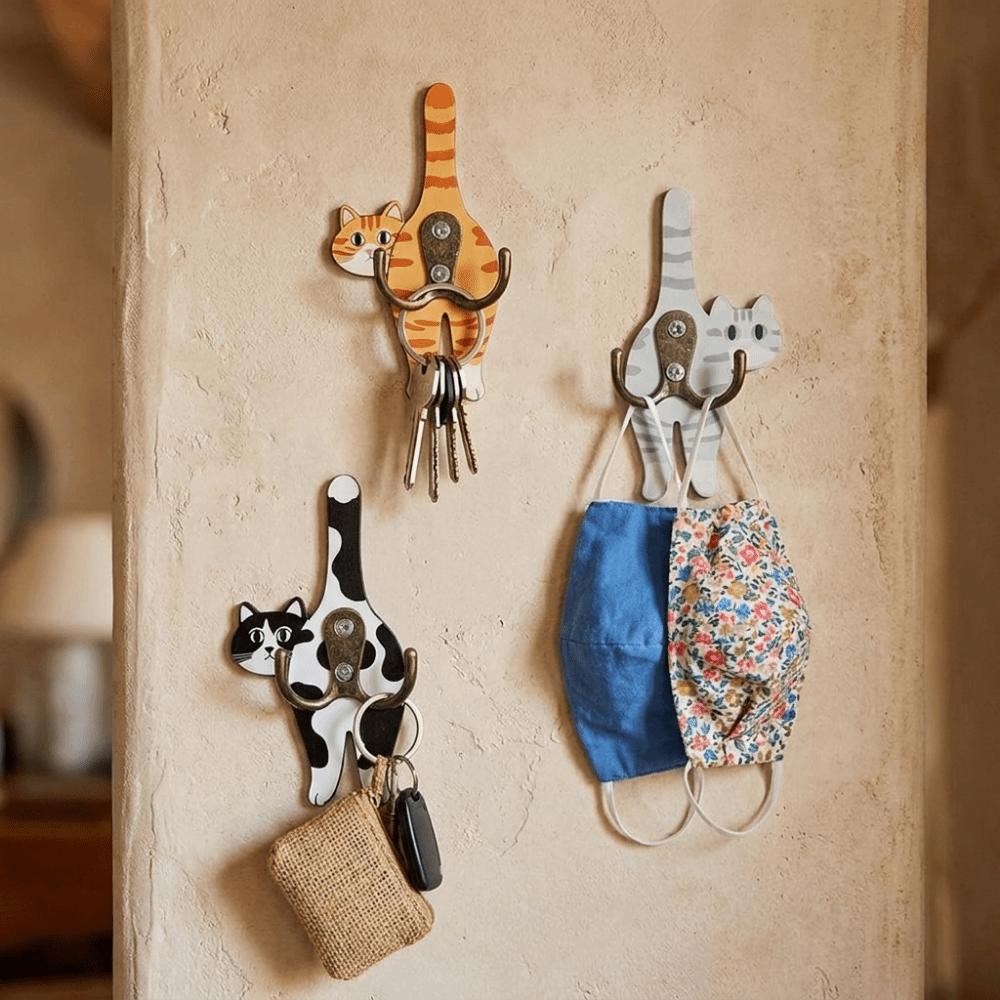 Wall Mounted Cat Butt Tail Key Rack Wooden Key Hanger Cat Shaped Wall Hook  Bathroom