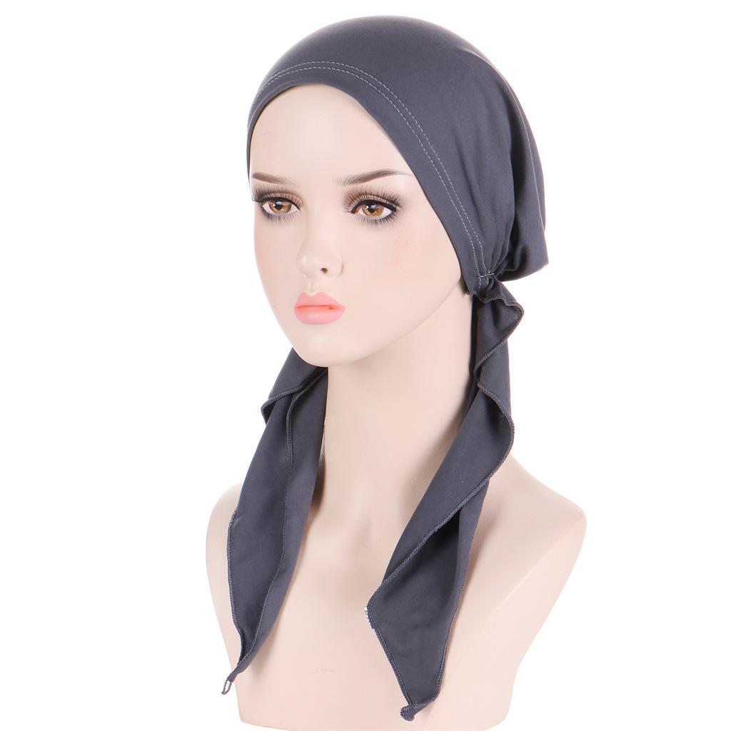 Solid Color Muslim Fashion Hijabs Turban Bonnet Long Tail Head Wraps Elastic Hijab Hats Breathable Chemo Cap For Women Girls