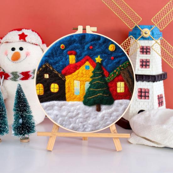 Christmas Needle Felting Kit Holiday Felt Painting Set for Beginners Starter Needle Felting DIY Craft Kit with Pad Needles Wool Decorative Frame