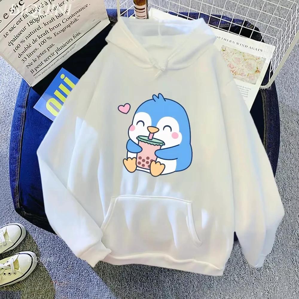 Bubble Boba Milk Tea Cartoon 2d Hoodies Women Penguin Graphic Printed Sweatshirts Clothes Kawaii Harajuku Hoodie Casual Clothing