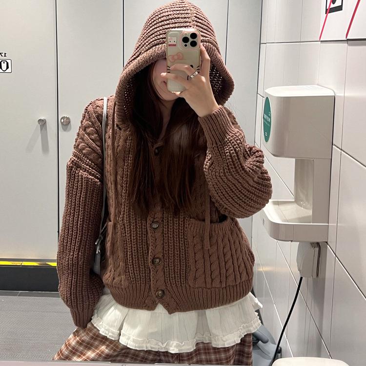 

Женский кардиган с капюшоном в стиле ретро, с кабельным узором - Осень/Зима, Европейский и Американский стиль, Свободный и Утепленный. One Size [80-130] кофейный