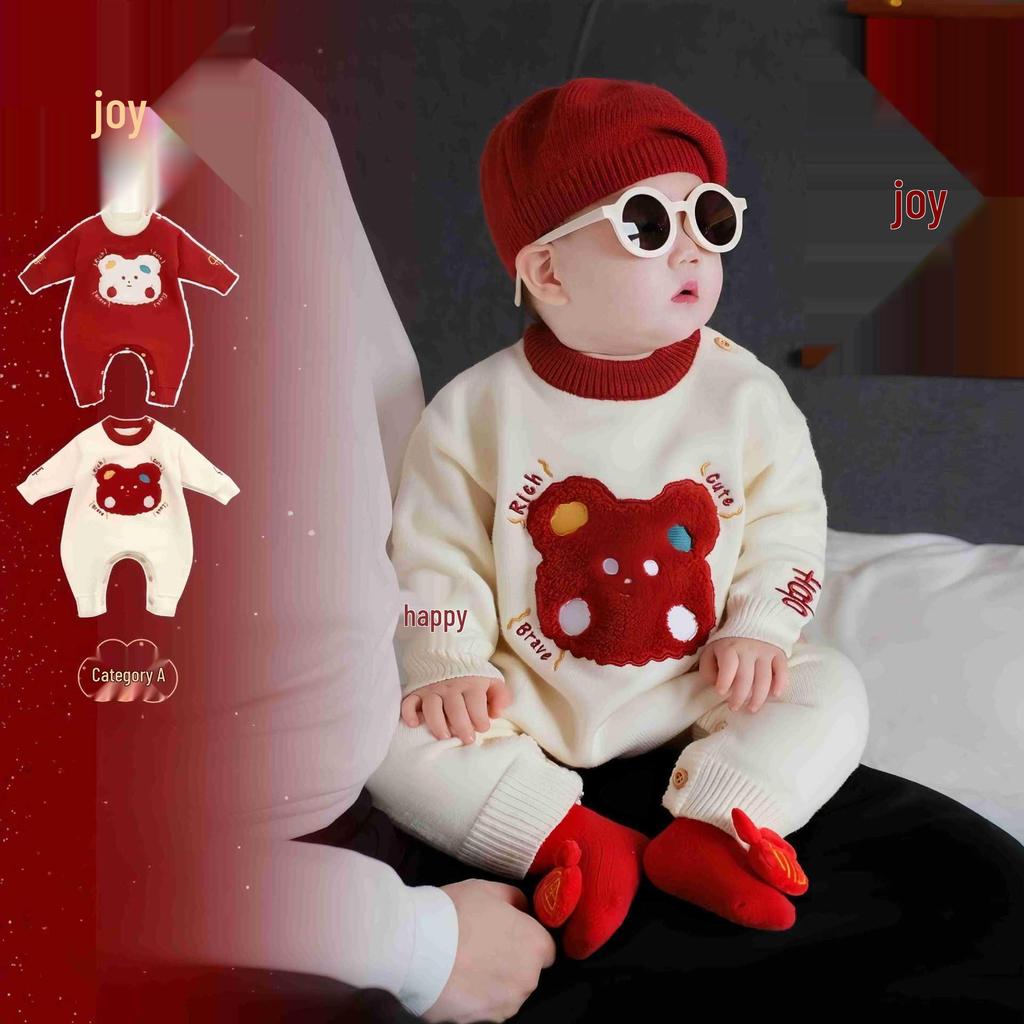 Slavnostní červená novorozenecká kombinéza - Podzimní/zimní svetrový overal