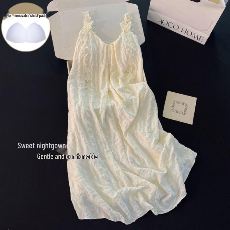 2026 Women s Summer Nightgown: Built-in Bra, Cloud Cotton, Butterfly Flower, Spaghetti Strap, Sexy Home Wear Set XL