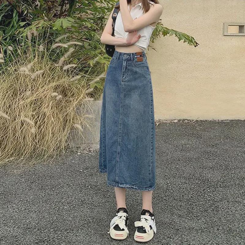 High-Waist A-Line Mid-Length Denim Skirt with Leather Accents - Women's Designer Casual Wear