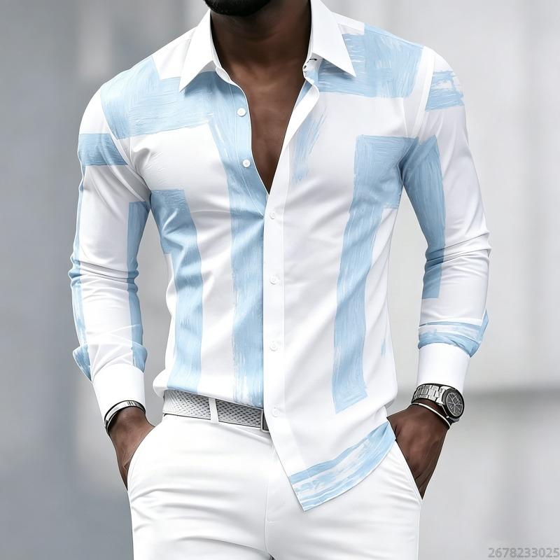 Men's Black and White Geometric Coarse Stripe Printed Long Sleeved Lapel Shirt, Retro Slim Fit Shirt, Trendy Casual Men's Top