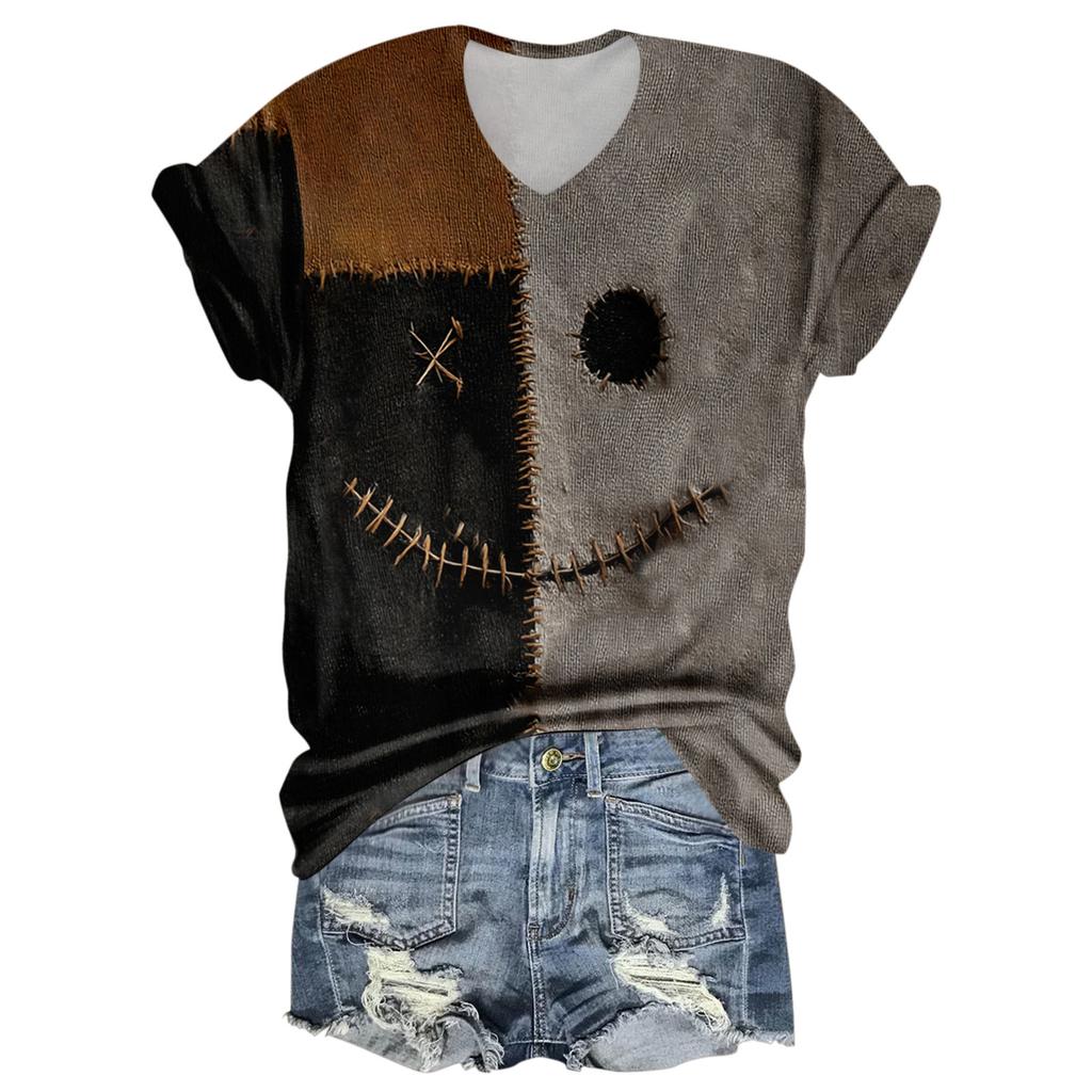 Women's Fashion Casual Three-quarter Sleeve Halloween Letters,  Face Print Top