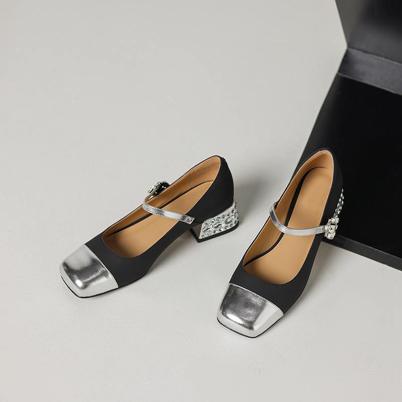 

Krazing Pot Женские туфли из коровьей кожи, весна-лето, размер 41, толстый средний каблук, квадратный носок, разноцветные туфли-лодочки со стразами 41 чёрный