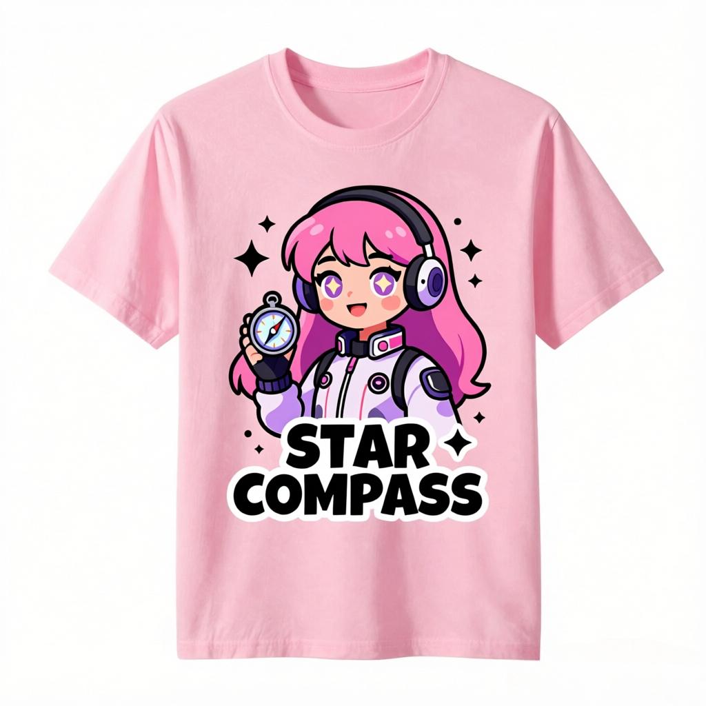 Star Compass Pink Hair Anime Astronaut Girl With Compass Print TShirt Unisex Unisex Casual Cotton Tee Short Sleeve Unisexga Space Tops