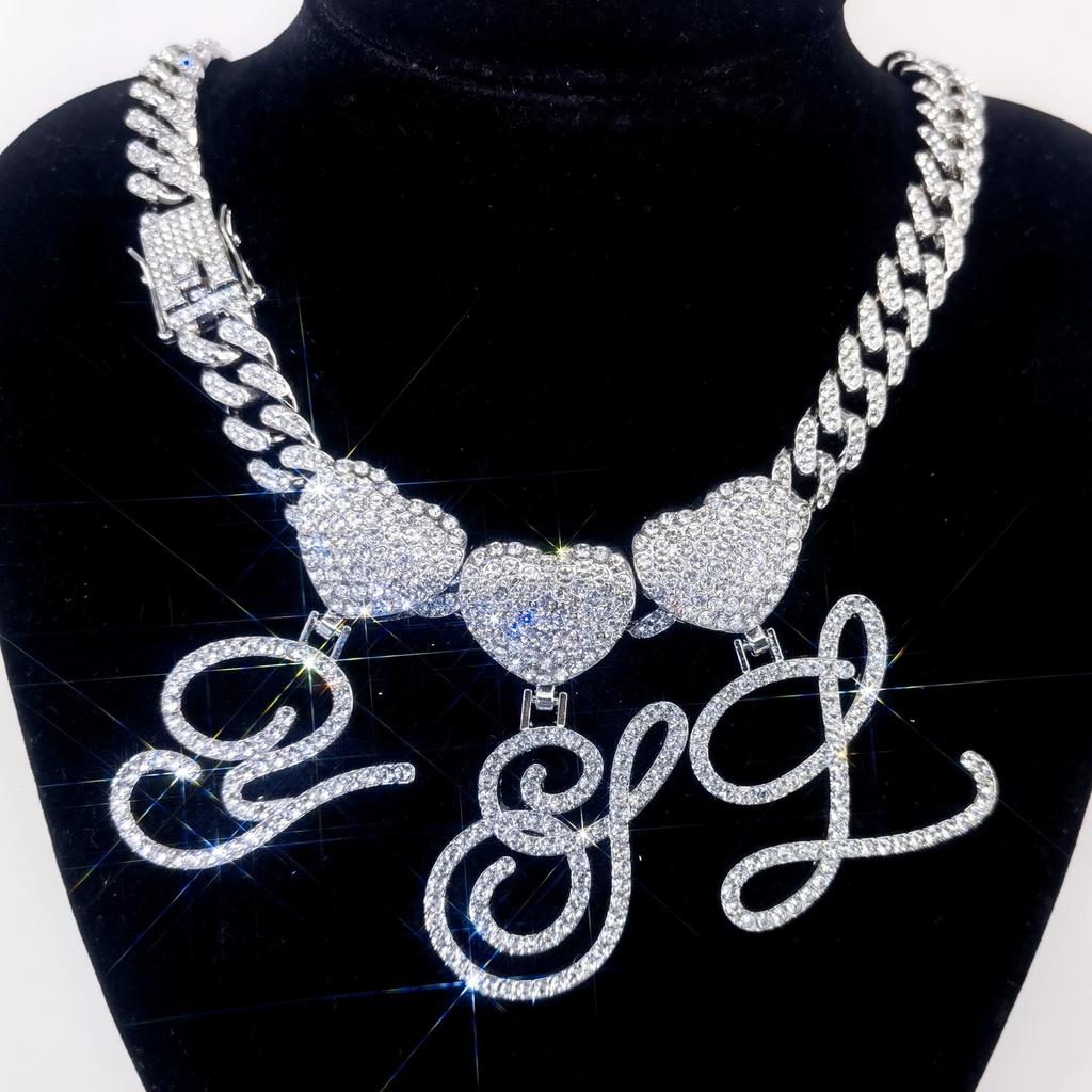 Reasonable Price Hiphop Heart Big Gold Zircon Cursive Letter Pendant Cuban Link Ice Chain Heavy Necklaces for Women with Clasp