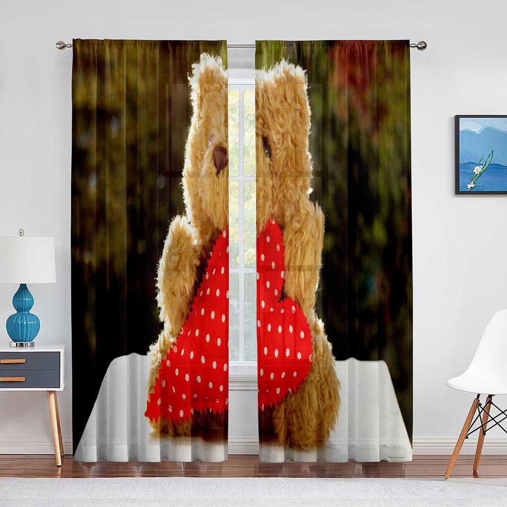 Lustiger Teddybär mit Geschenkbox Liebesherzen Transparente Vorhänge für Wohnzimmer Schlafzimmer Küchendekor Fenstervoiles Tüllvorhang