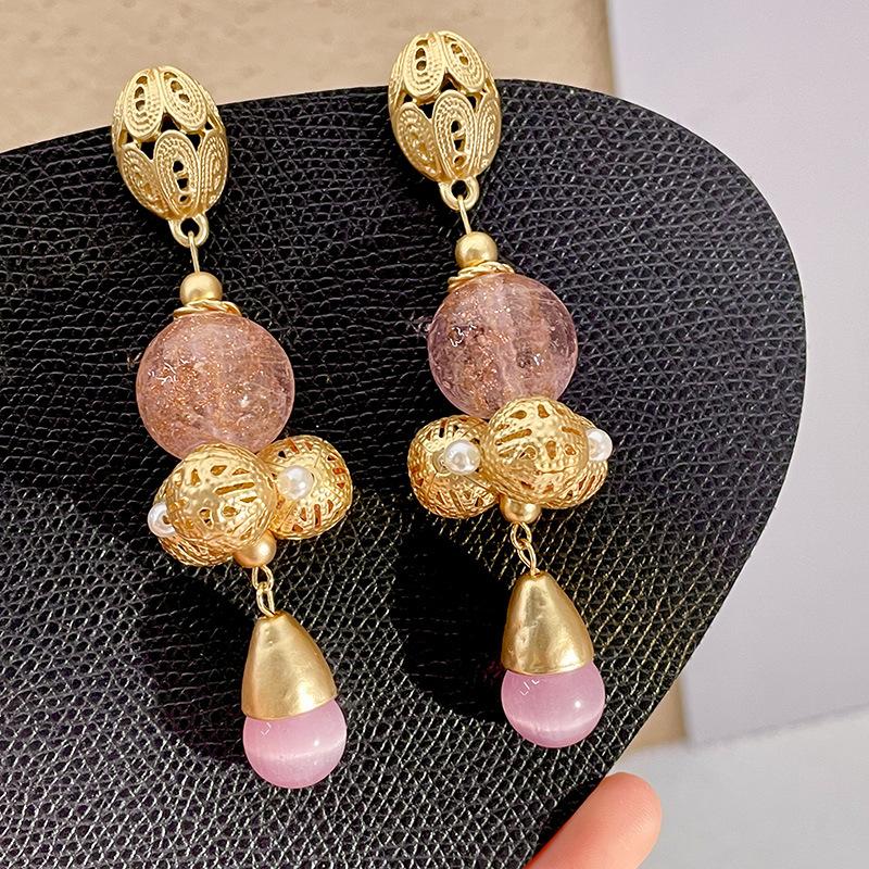 Fashion Classic Pink Color Crystal Enmale Earrings For Women Girls Exquisite Design Pendant Flower Ear Rings Jewelry Accessories