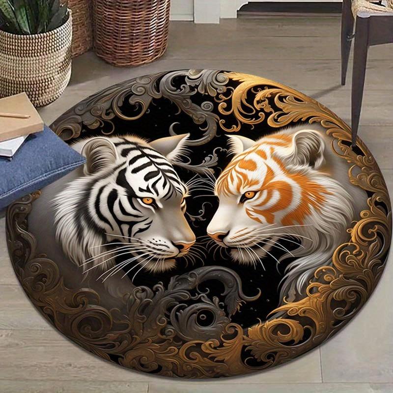 Tiger Print Round Rug, Non Slip Polyester Carpet, Shed Free Durable Mat for Bedroom, Living Room, Office Decor