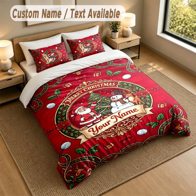 Christmas Theme Personalized 3Pcs Bedding Set Custom Text & Name 1 Sheet 2 Pillowcases Household Bedding 1pc