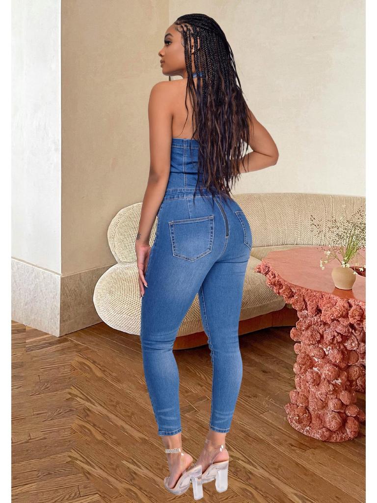 Europäischer und Amerikanischer Stil Schlankmachender Ärmelloser Neckholder Jumpsuit Jeans