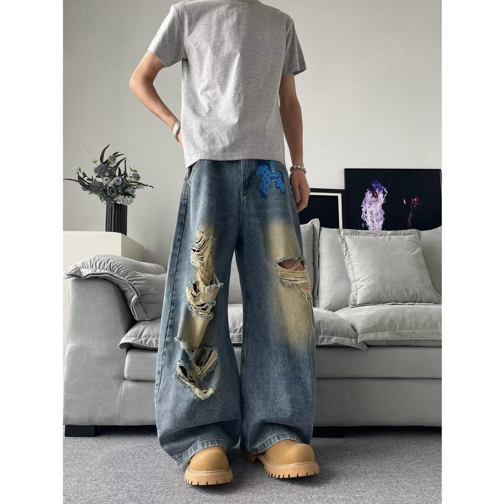 Zerrissene Jeans Herren Neue Sommer High Street Hip Hop Amerikanischer Retro Hip Hop Gewaschen Locker Weiter Bein Lange Hose