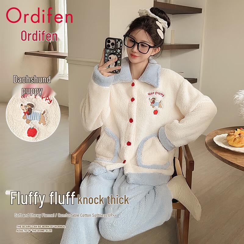 Audifen Women s Thick Coral Fleece Dachshund Pajama L