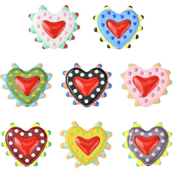 KitBeads 8Pcs Heart Shaped Glass Beads Handmade Bumpy Polka Dot with Love Lampwork Beads for Jewelry Making Bracelets Necklaces Crafts
