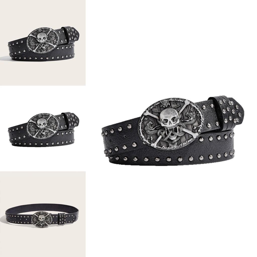 Punk Skull Leather Belt For Men With Metal Snap Closure For Casual Streetwear