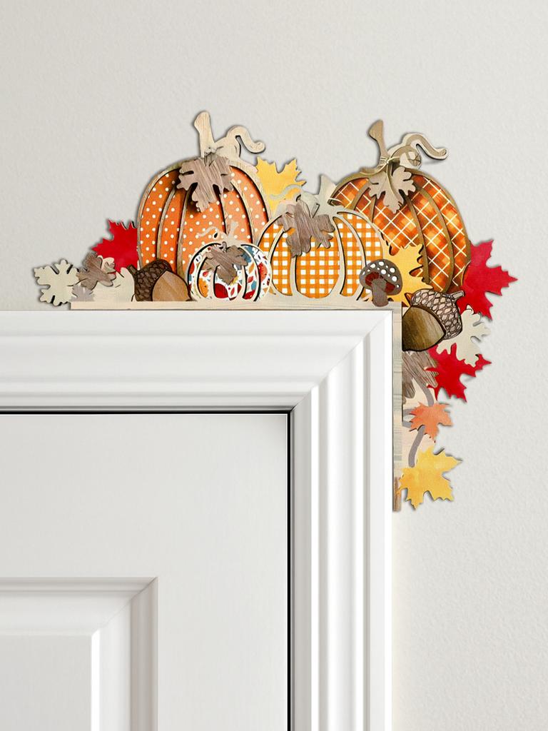 Autumn Pumpkin Door Topper Decor, Colorful Wooden Pumpkins & Leaves Design, Harvest Festival Bedroom Living Room Home Decoration