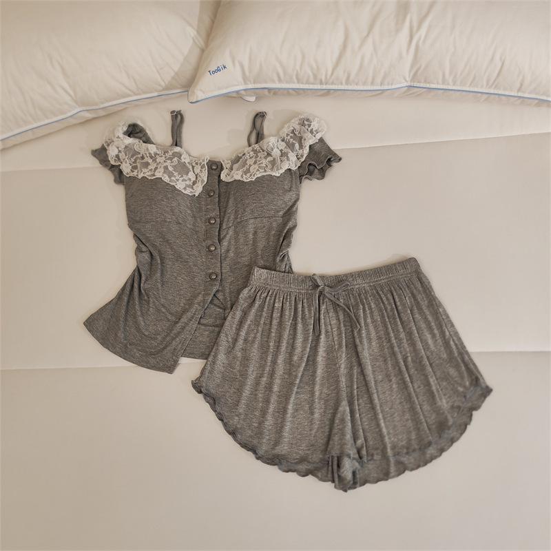 Women's Lace Camisole Sleepwear Set with Chest Pads - Sweet & Sexy Spring/Summer Homewear.