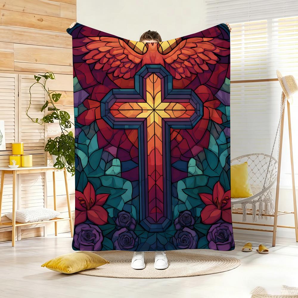 Artwork S-Stained Glass Cross Throw Lightweight 240g Flannel Blanket Soft Skin-friendly for Summer Cooling