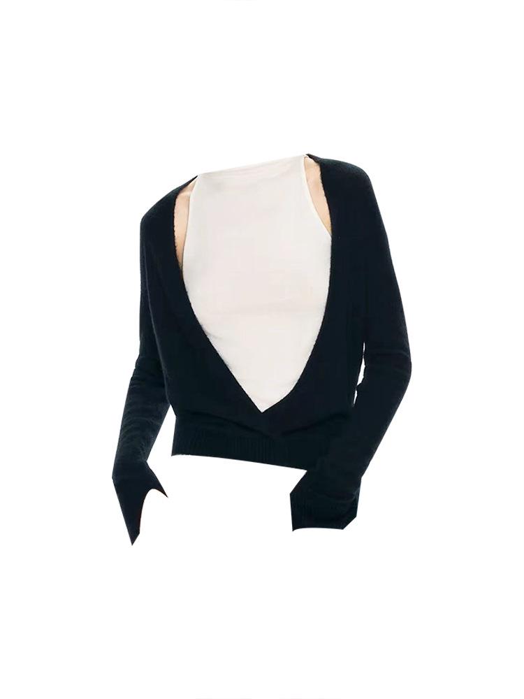 90s Club Cashmere Silk Blend Drape Neck Cardigan in Black/White