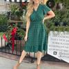 Women's   Summer Dress  V Neck Short Sleeve Belted Ruffle Hem A-Line Bohemian Maxi Dresses