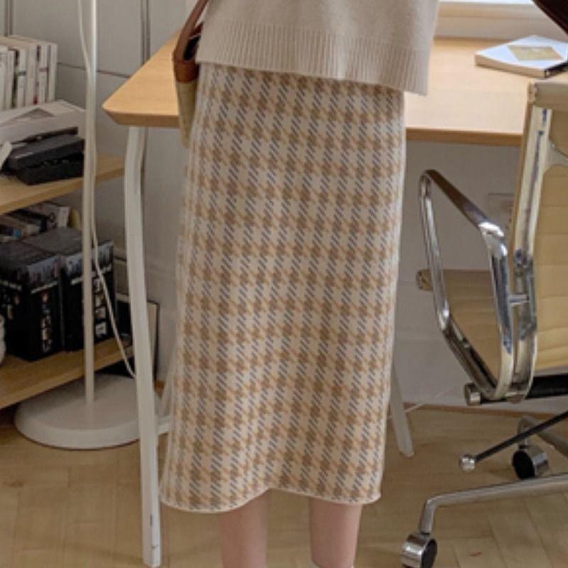 Hahnentritt Slim-Fit Damen Herbst Winter Strick Midi-Rock Wolle Vielseitig Hohe Taille Bodycon Halber Rock