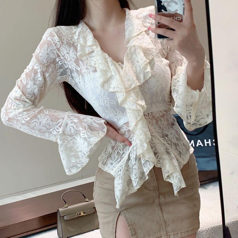 Cămașă de culoare uni cu gât în V, cu mâneci lungi goale, top la modă și șic pentru femei