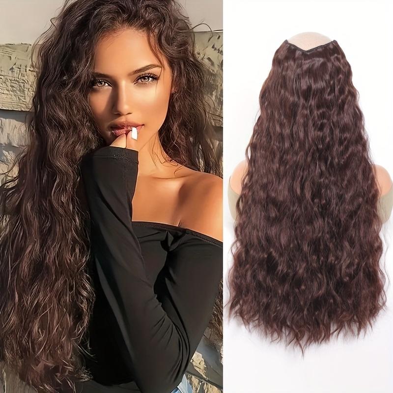 

Aosiwig Synthetic Hair Fake Hair Extensions Clip Hairpiece V-Shaped Half Wig Natural Wavy Extension False Strands On Hairpins Women 22Inch(55CM) темно-коричневого