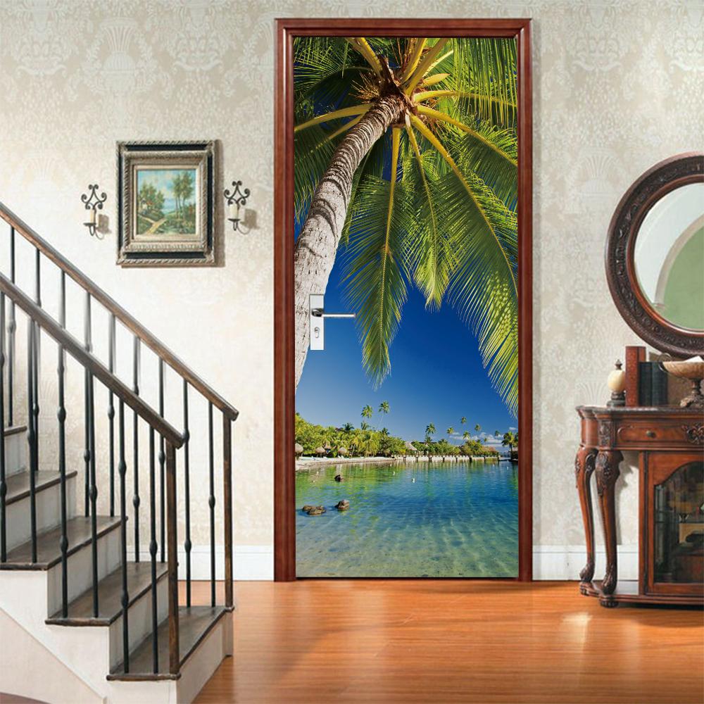 3D Door Mural Sticker Peel and Stick Door Wallpaper Golden Buddha Castle Moon Mermaid Flower Home Decor Removable
