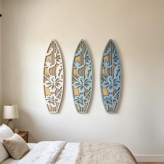 3 Pcs Wooden Surfboard Wall Decor Hollow Flowers Wall Art Beach Ocean Boho Wall Hanging Ornaments for Living Room Bedroom