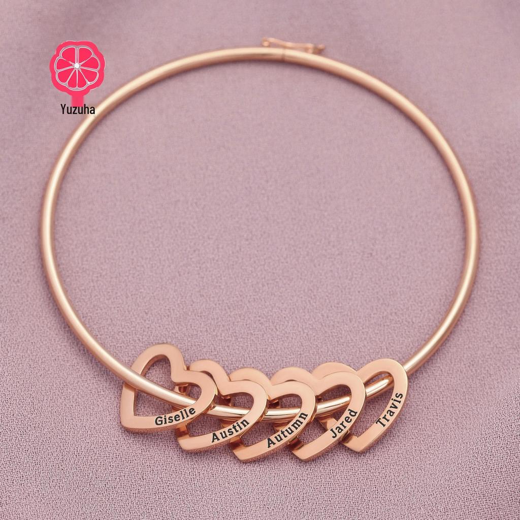 Personalized Stainless Steel Heart Bangle Bracelet - Custom Family Name Peach Heart Design, Perfect for Christmas Gift
