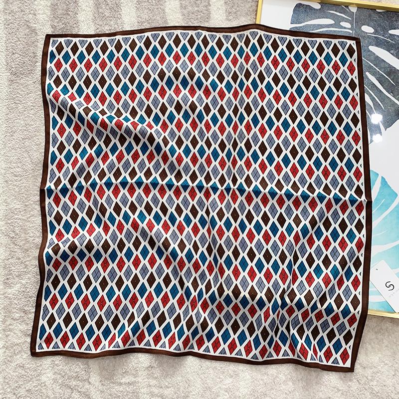Japan and Korea Fashion Niche Multi-color Splicing Rhombus Grid Printing Square Scarf High-end Sense Simple INS Style Herringbone Silk Scarf
