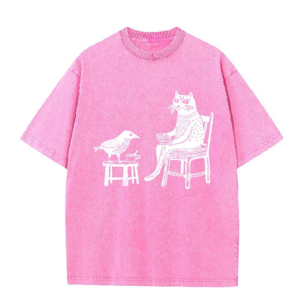2026 Vintage Washed Grey Cat And Bird Drinking Tea Graphic T Shirt Retro Woodcut Art Print Oversized Casual Short Sleeve Tee