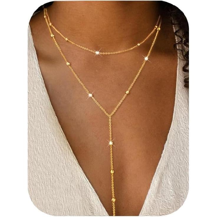 IF YOU Lariat Gold Lange Halsketten für Damen Trendig, Zarte 14K Vergoldete Tropfenkettenhalskette, Mehrlagige Rosenkranz-Perlen Y-Halsketten Schlichte Mode