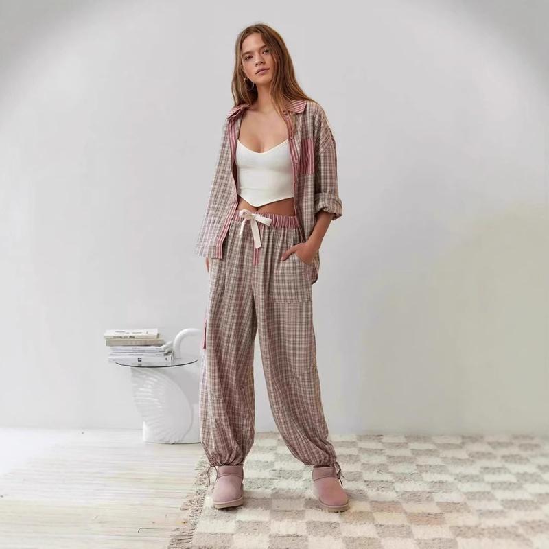 Dames Tweedelig Pyjamaset Geruite Knopenblouse Joggingbroek Casual Loungewear