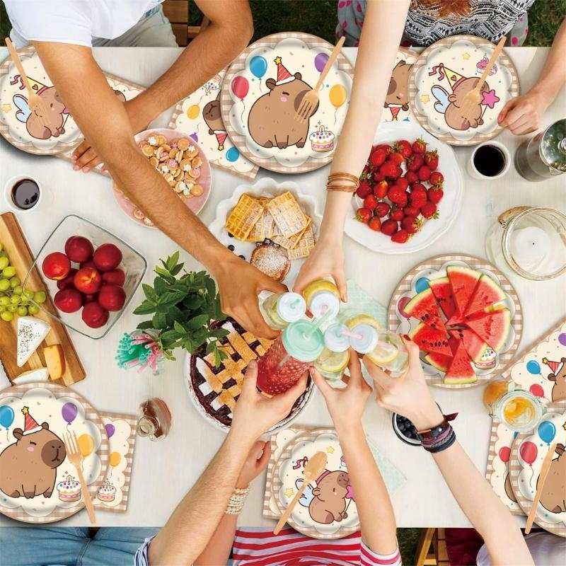 Cartoon Capybara Design Party Cups Flags Tablecloth Dishes Easy Install Accessories For Themed Parties Event