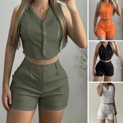 Women Two Piece Set Sleeveless Matching Set V-Neck Button Down Vest Shorts