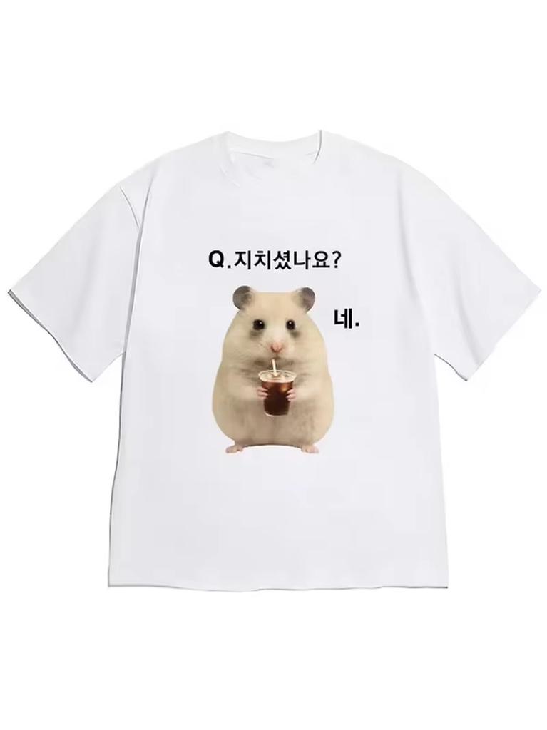 Decoration White ShortSleeved TShirt with Decorated Hamster Image Cute And Lively Style Colorful Text Bubbles Heart Star