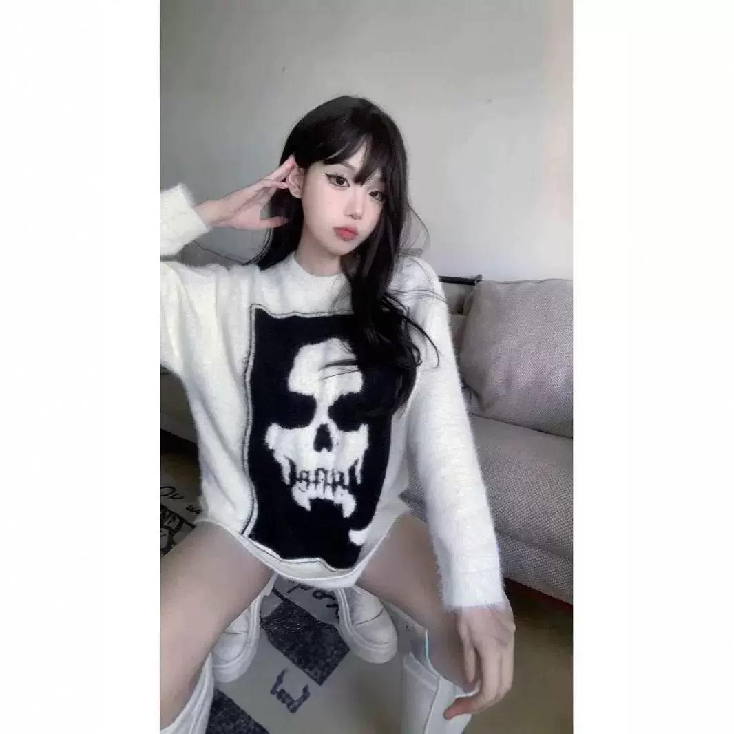 

Унисекс Ретро Панк Свитер с Черепом - Осенне-Зимний Толстой Вязки Уличный Стиль XL белый